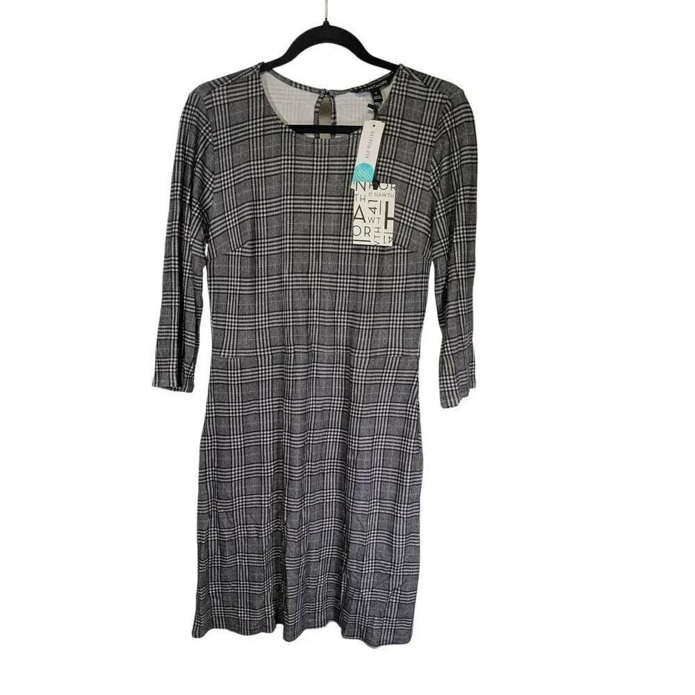 NWT 41 Hawthorn Sheath Dress 3/4 Sleeve Black Plaid Pockets Business Wear Size M